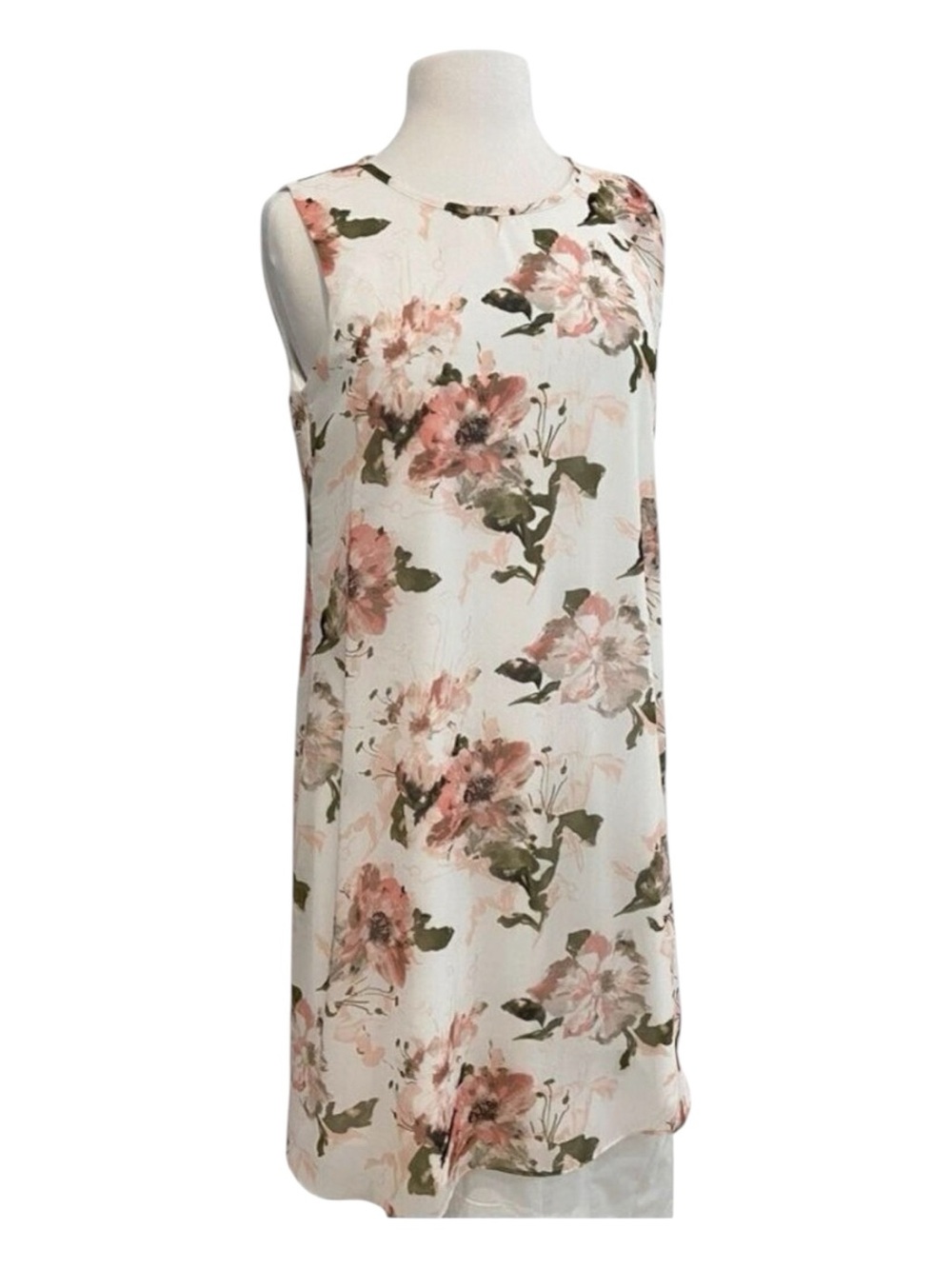 Frank Lyman designer flowy dress floral pink ecru white sleeveless round neck 8
